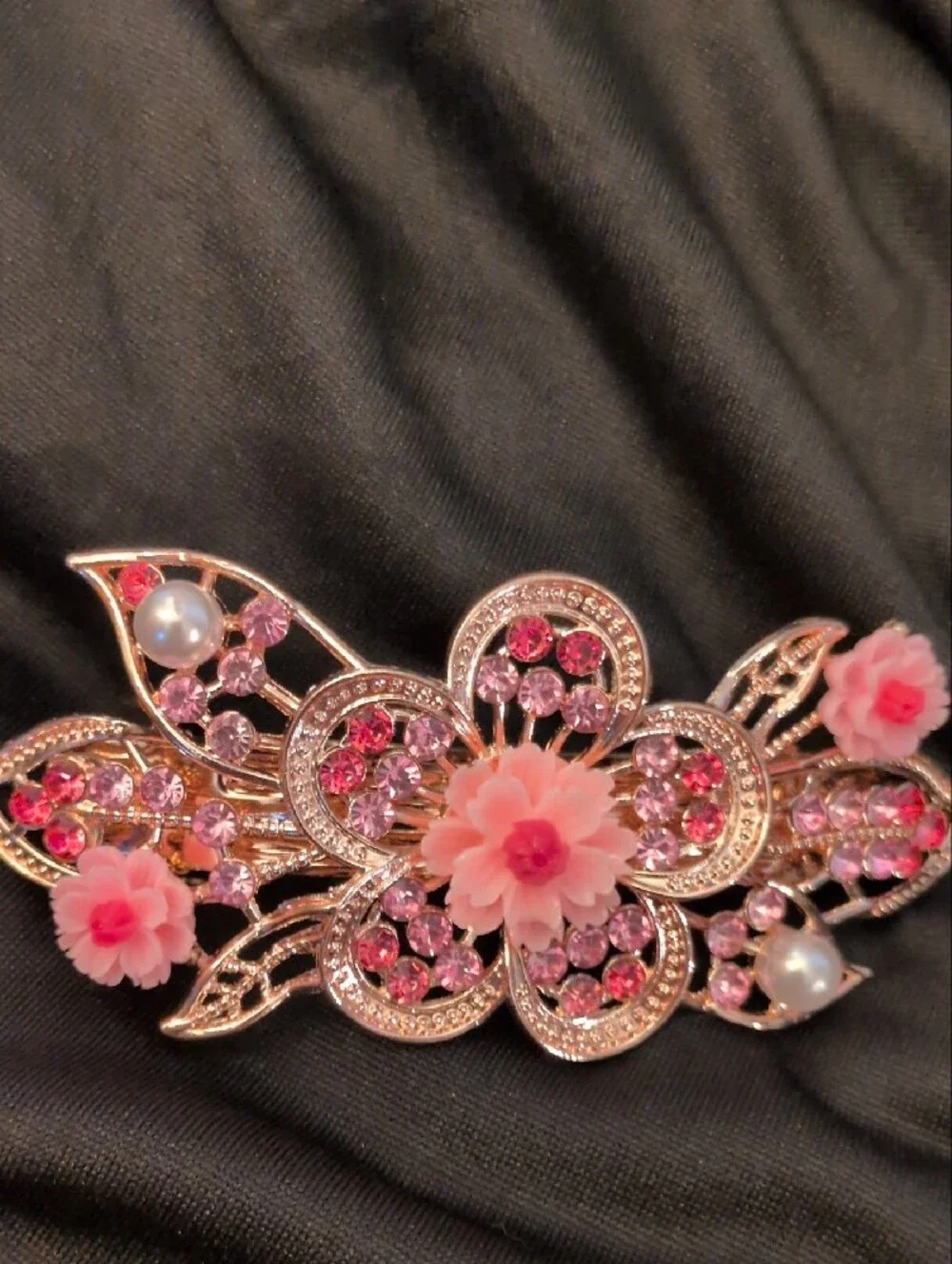 Floral Pink Crystal Barrette Hair Clip